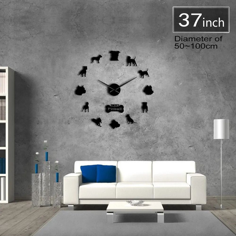 Pit Bull Large Wall Clock Dog Breed Pitties Home Deocr Self Adhesive DIY 3D Wall Clock Mirror Surface Pit Bull Dog Lover Gifts