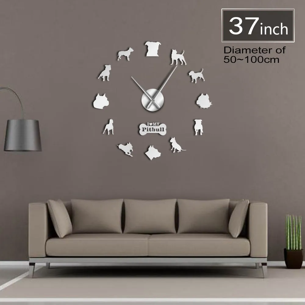 Pit Bull Large Wall Clock Dog Breed Pitties Home Deocr Self Adhesive DIY 3D Wall Clock Mirror Surface Pit Bull Dog Lover Gifts