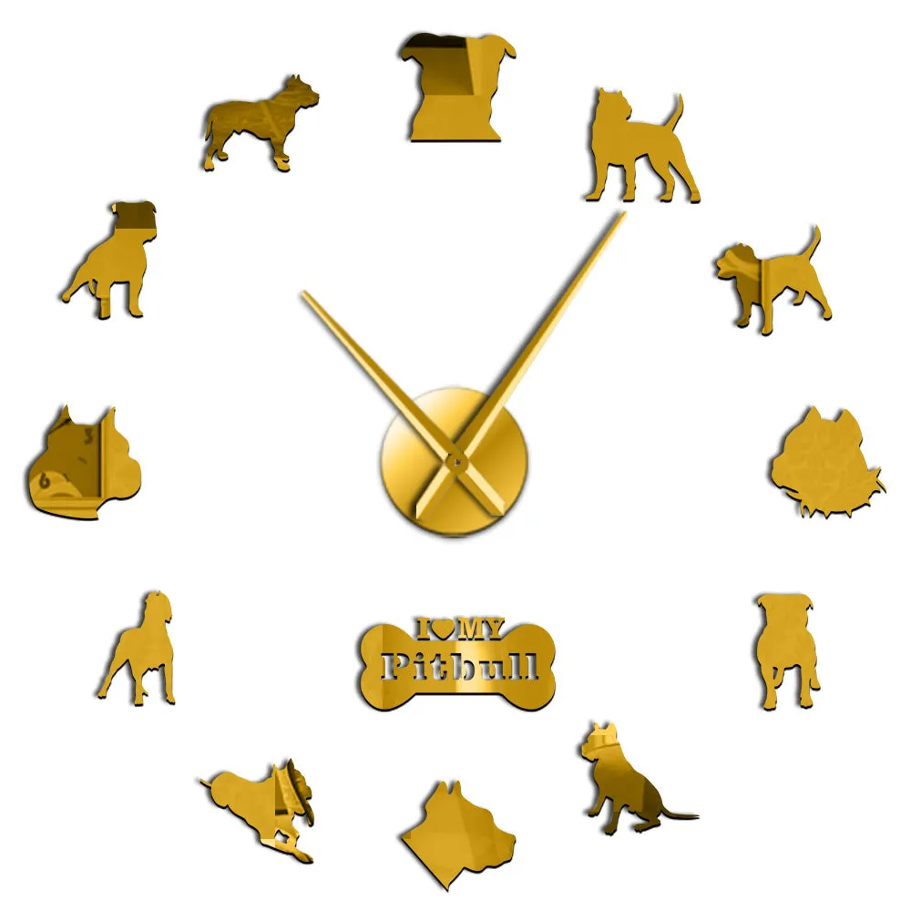 Pit Bull Large Wall Clock Dog Breed Pitties Home Deocr Self Adhesive DIY 3D Wall Clock Mirror Surface Pit Bull Dog Lover Gifts
