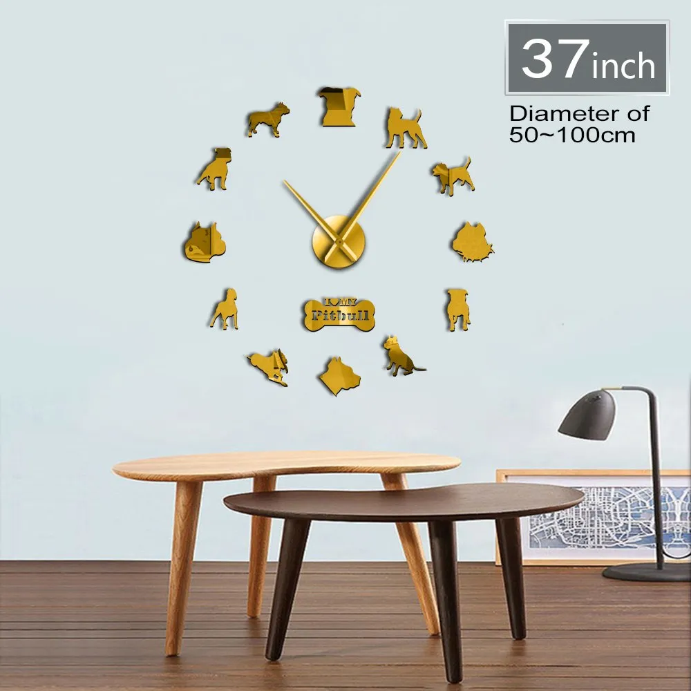 Pit Bull Large Wall Clock Dog Breed Pitties Home Deocr Self Adhesive DIY 3D Wall Clock Mirror Surface Pit Bull Dog Lover Gifts