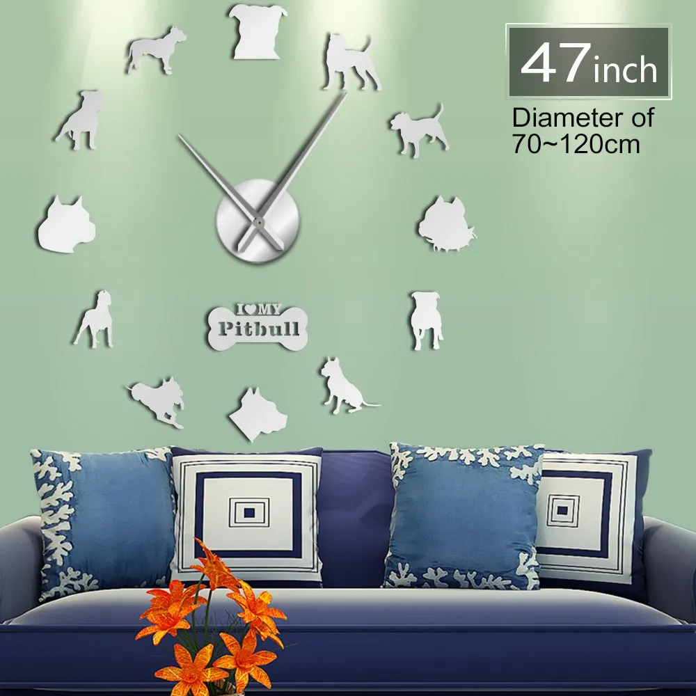 Pit Bull Large Wall Clock Dog Breed Pitties Home Deocr Self Adhesive DIY 3D Wall Clock Mirror Surface Pit Bull Dog Lover Gifts