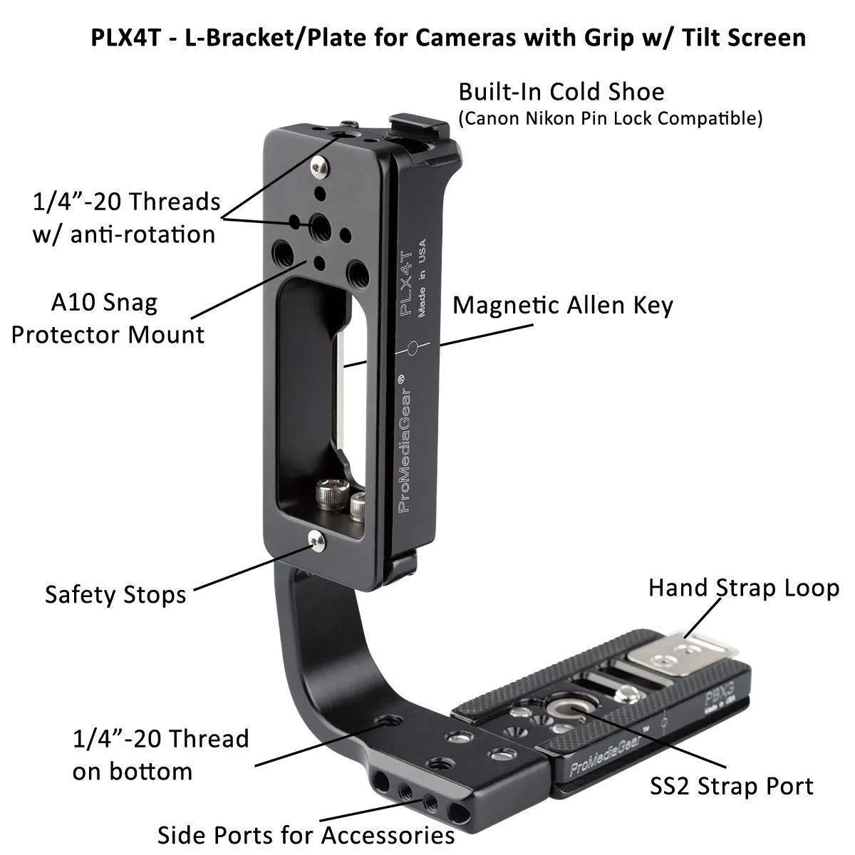 PLX4T Universal Arca-Swiss L-Bracket for Tall DSLR and Mirrorless Cameras with Articulating LCD screens