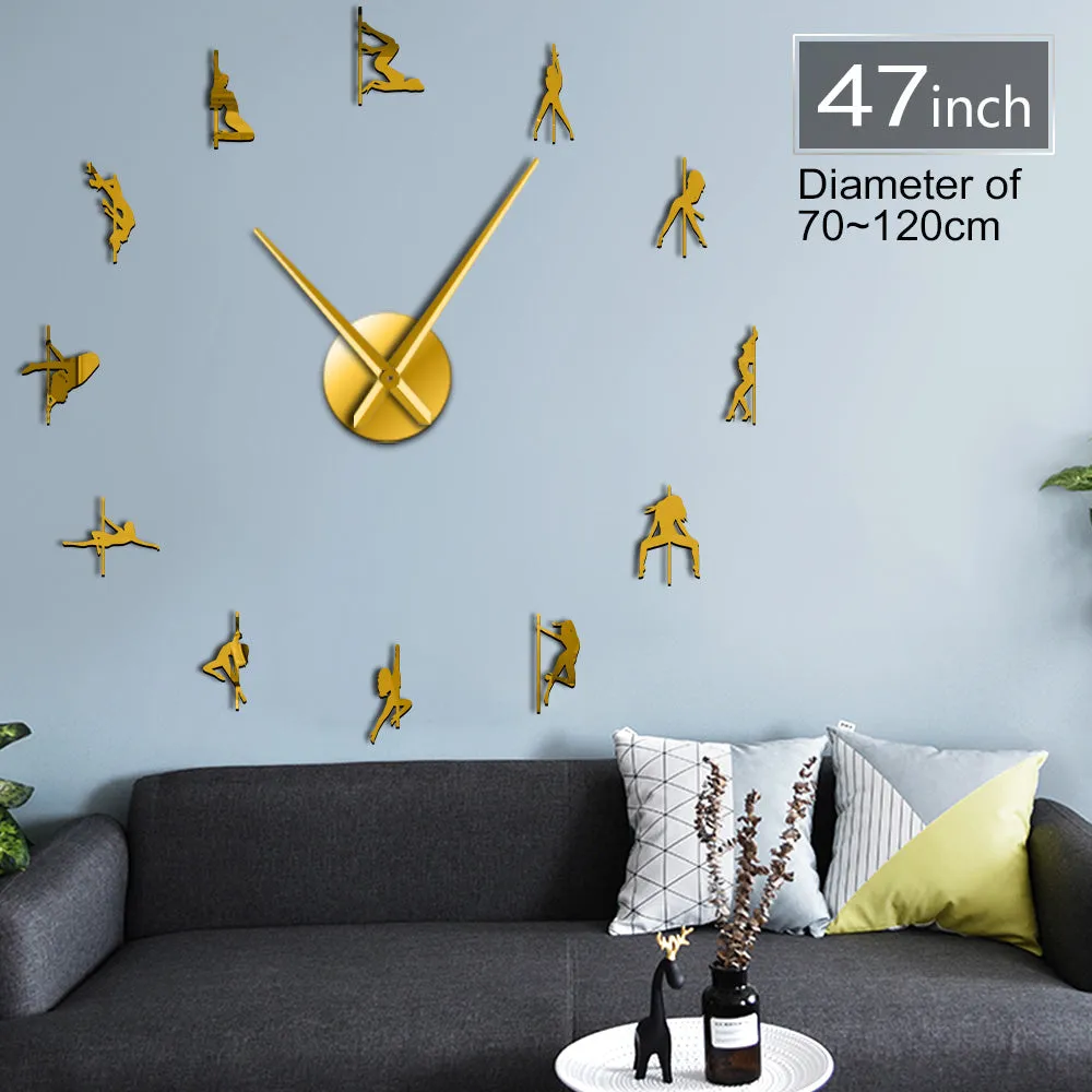 Pole Dance DIY Giant Wall Clock Sexy Girls Stripper Mirror Numbers Stickers Steal Tube Dancer Night Club Decor Modern Wall Clock