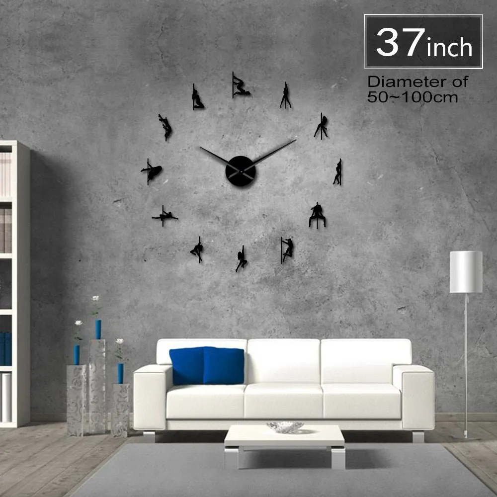 Pole Dance DIY Giant Wall Clock Sexy Girls Stripper Mirror Numbers Stickers Steal Tube Dancer Night Club Decor Modern Wall Clock