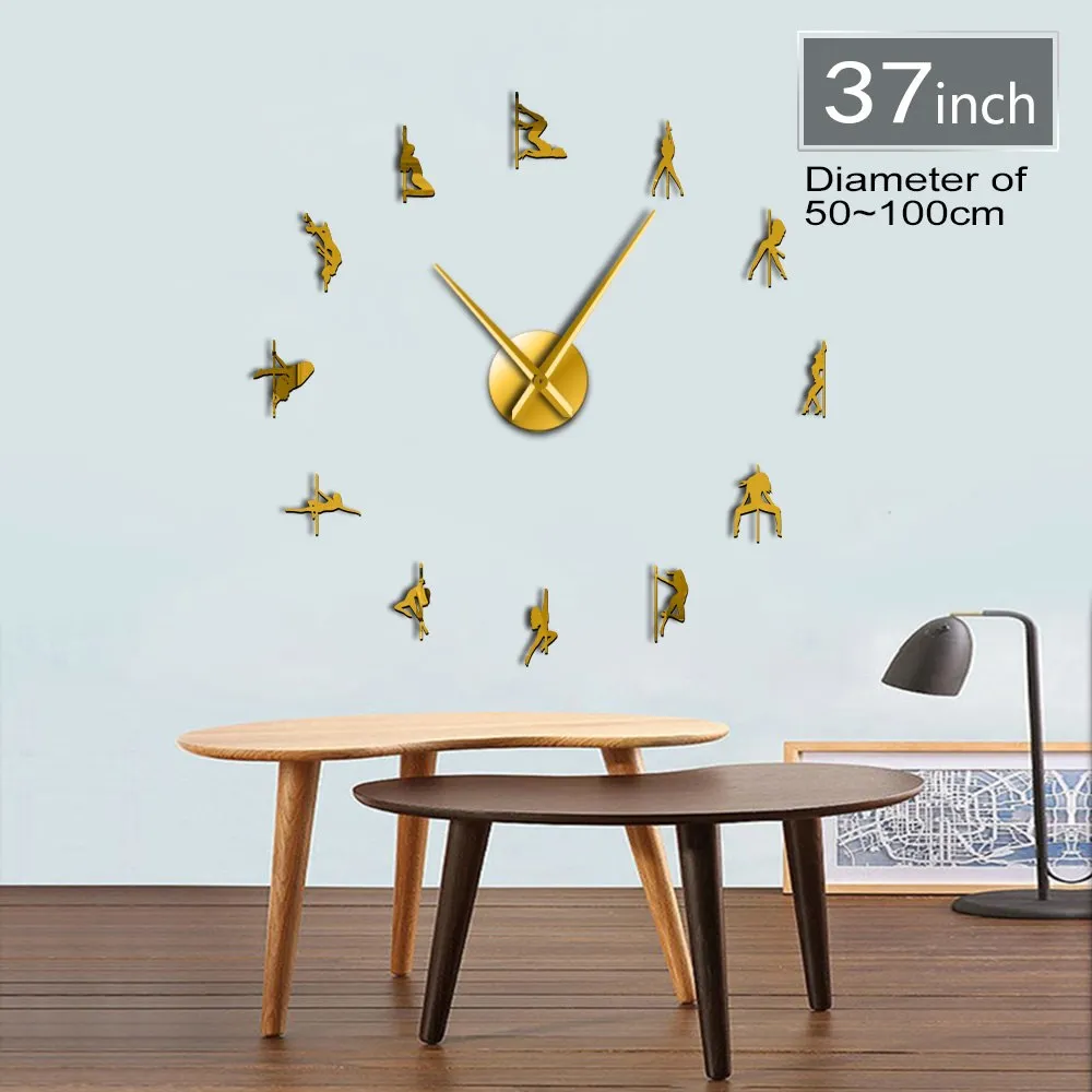 Pole Dance DIY Giant Wall Clock Sexy Girls Stripper Mirror Numbers Stickers Steal Tube Dancer Night Club Decor Modern Wall Clock