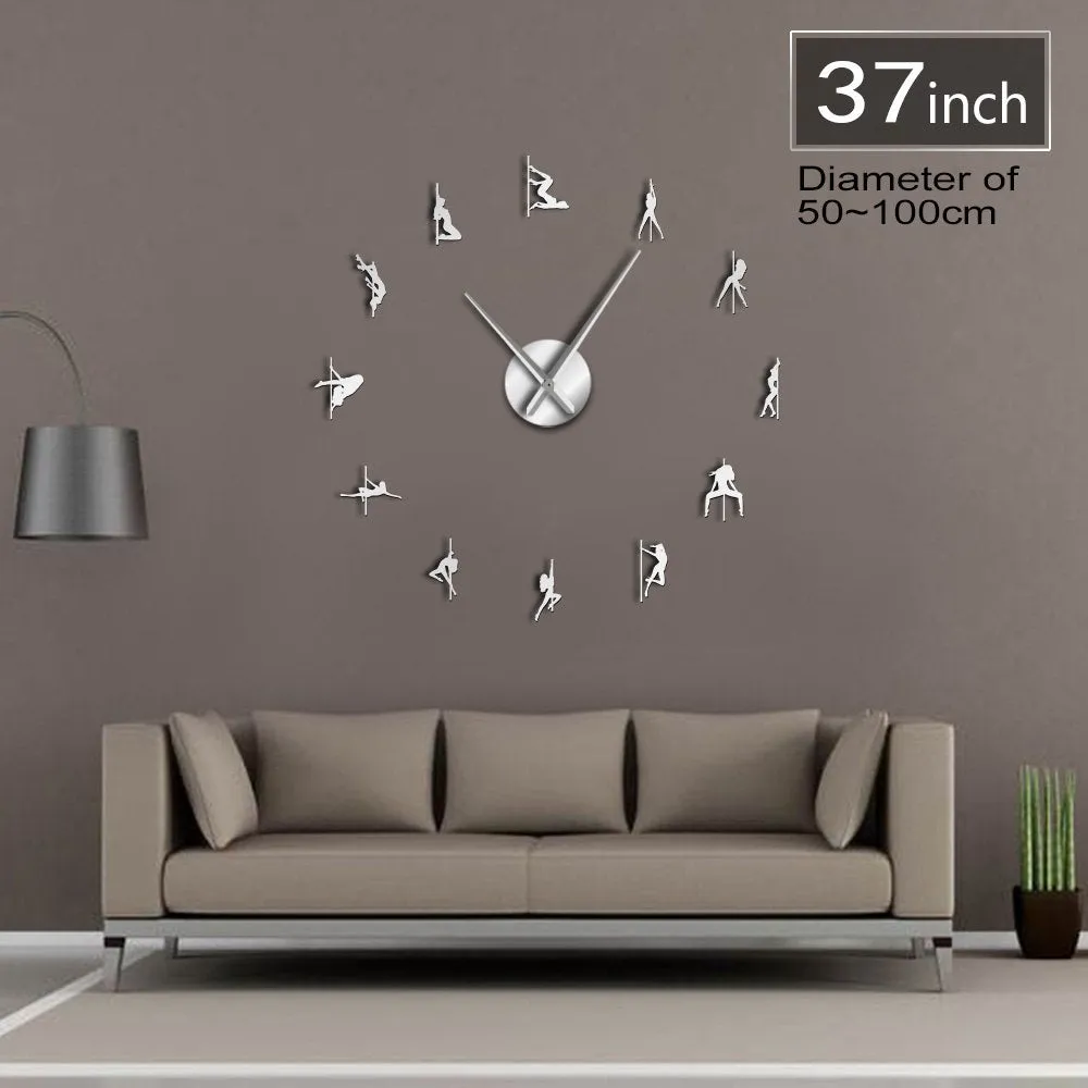 Pole Dance DIY Giant Wall Clock Sexy Girls Stripper Mirror Numbers Stickers Steal Tube Dancer Night Club Decor Modern Wall Clock