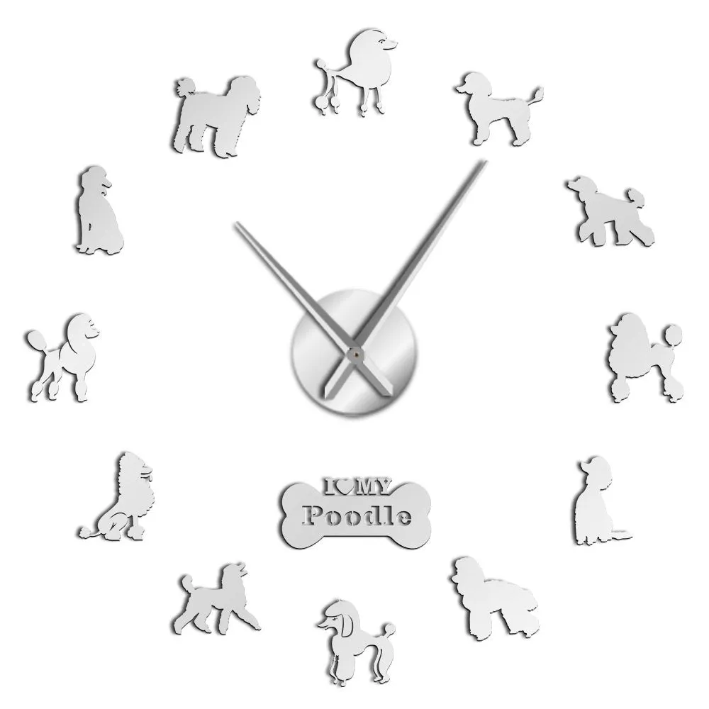 Poodle Big Hand Modern Wall Clock Pudelhund DIY Giant Wall Clock Dining Room Wall Decor Caniche Mirror Effect DIY Large Wall Art
