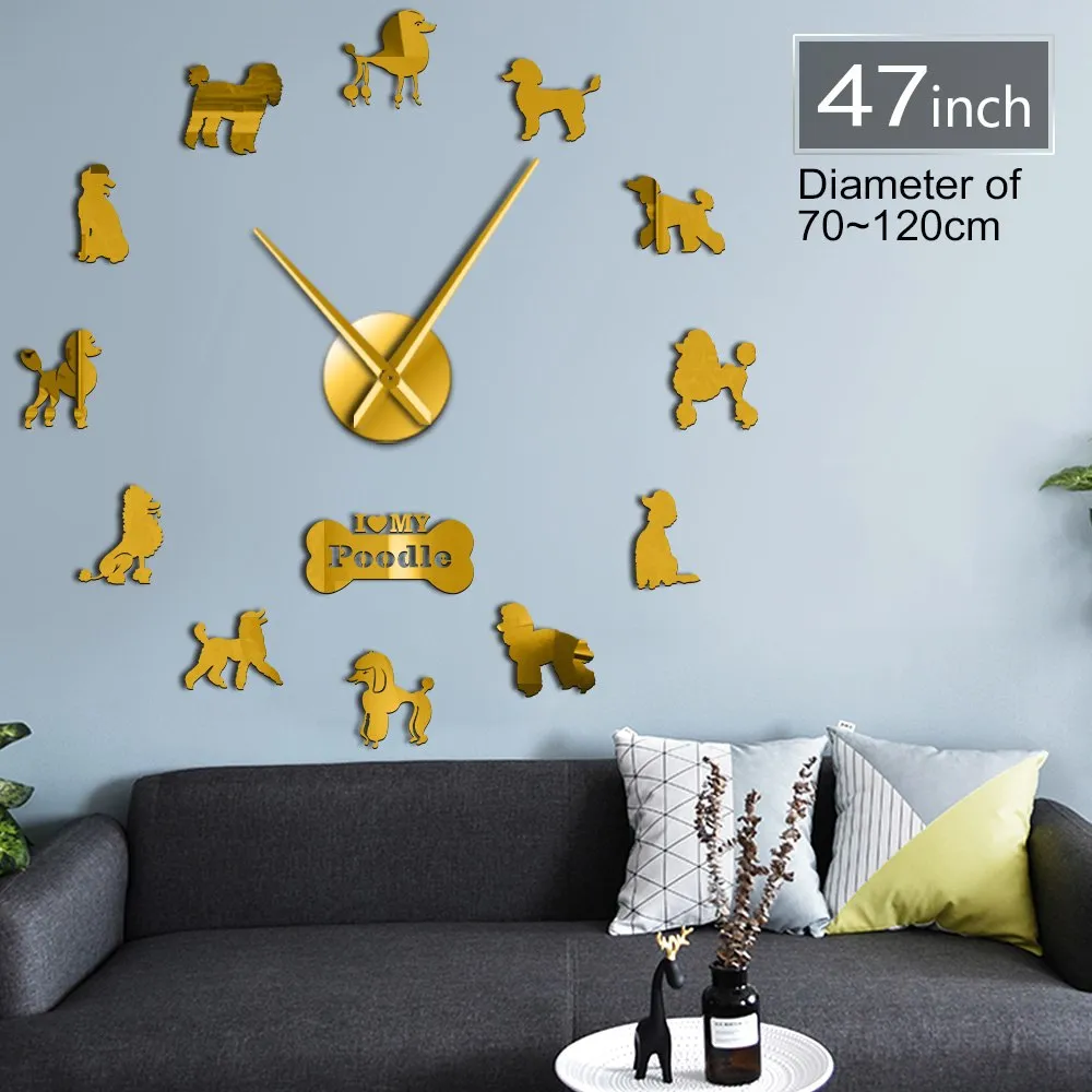Poodle Big Hand Modern Wall Clock Pudelhund DIY Giant Wall Clock Dining Room Wall Decor Caniche Mirror Effect DIY Large Wall Art