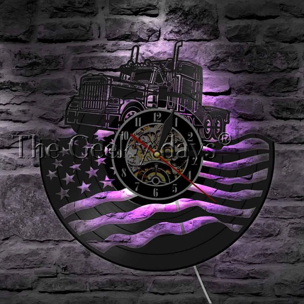 Proud USA Farmer Tractor Trailer Wall Clock Tractor American Flag Vinyl Record Wall Clock Farmhouse Decor Patriotic Farmers Gift