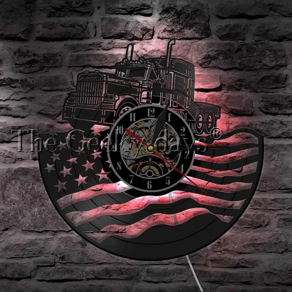 Proud USA Farmer Tractor Trailer Wall Clock Tractor American Flag Vinyl Record Wall Clock Farmhouse Decor Patriotic Farmers Gift