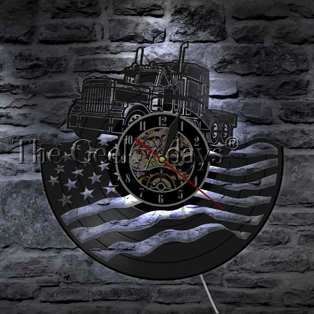 Proud USA Farmer Tractor Trailer Wall Clock Tractor American Flag Vinyl Record Wall Clock Farmhouse Decor Patriotic Farmers Gift