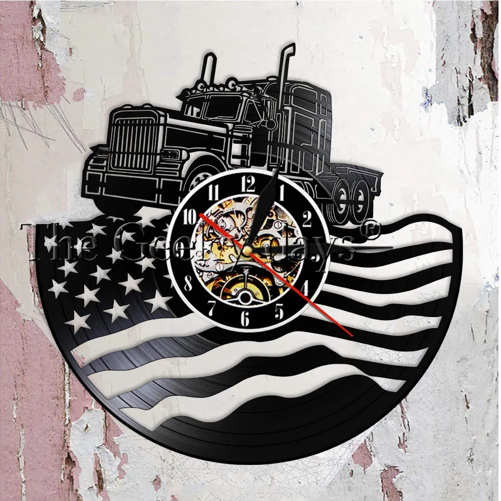 Proud USA Farmer Tractor Trailer Wall Clock Tractor American Flag Vinyl Record Wall Clock Farmhouse Decor Patriotic Farmers Gift