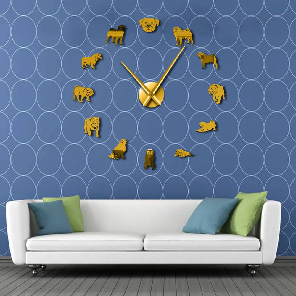 Pug a Licious Pug Dog DIY Giant Wall Clock Dog Breeds Mirror Effect Wall Art Pet Shop Decorative Wall Watch Gift For Pug Lovers