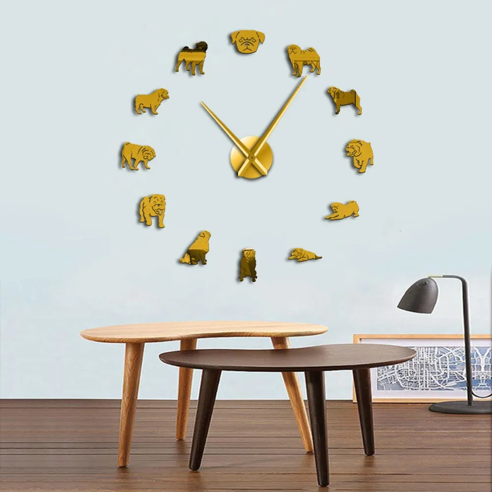 Pug a Licious Pug Dog DIY Giant Wall Clock Dog Breeds Mirror Effect Wall Art Pet Shop Decorative Wall Watch Gift For Pug Lovers