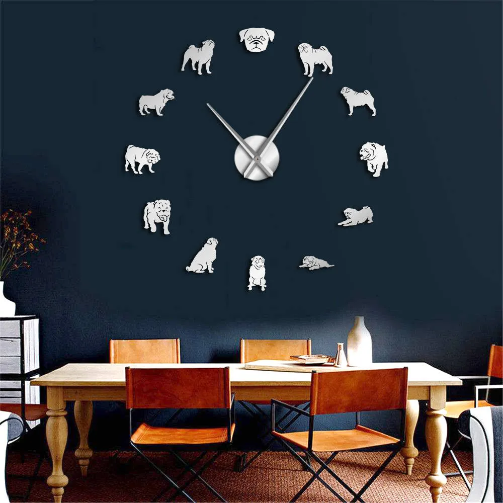 Pug a Licious Pug Dog DIY Giant Wall Clock Dog Breeds Mirror Effect Wall Art Pet Shop Decorative Wall Watch Gift For Pug Lovers