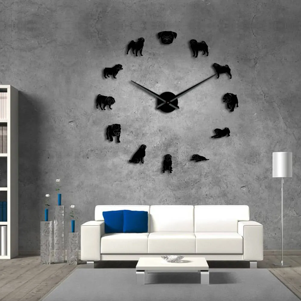 Pug a Licious Pug Dog DIY Giant Wall Clock Dog Breeds Mirror Effect Wall Art Pet Shop Decorative Wall Watch Gift For Pug Lovers