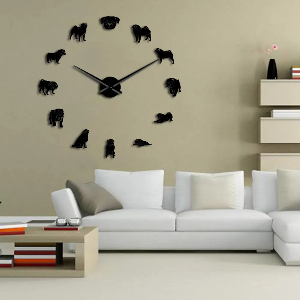 Pug a Licious Pug Dog DIY Giant Wall Clock Dog Breeds Mirror Effect Wall Art Pet Shop Decorative Wall Watch Gift For Pug Lovers