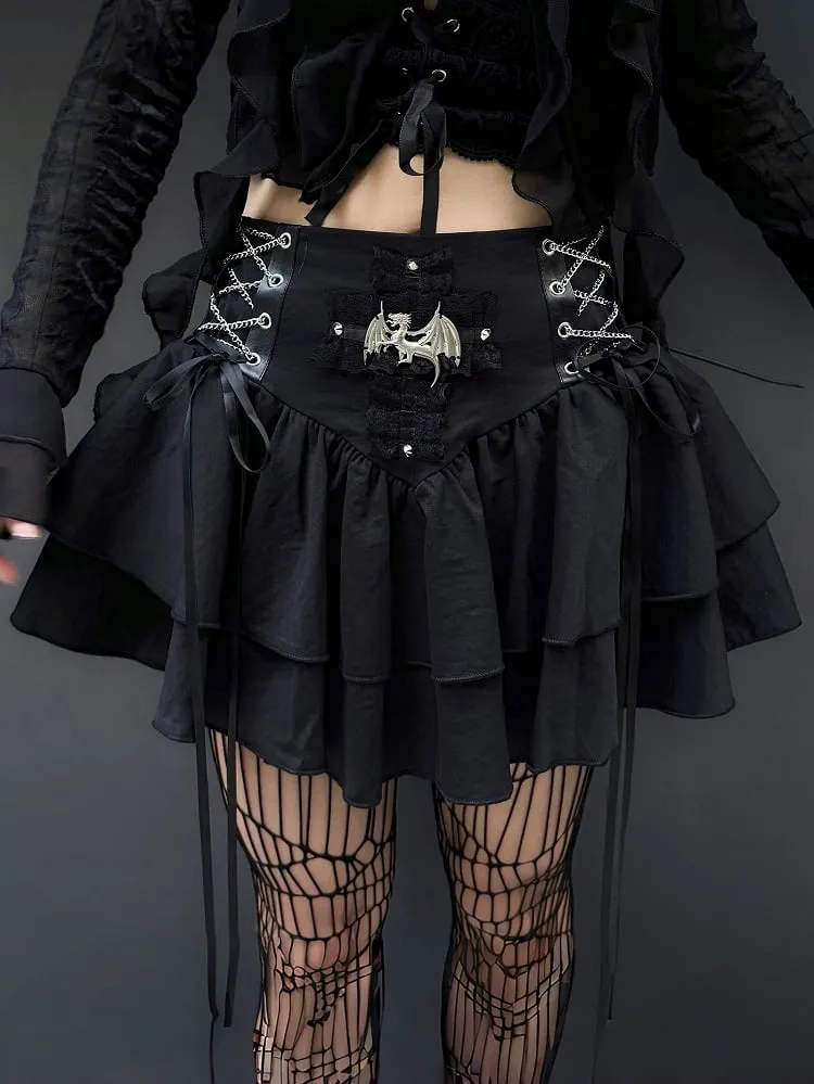 Punk Dragon Adorned Black Tiered Skirt Criss-cross Chain