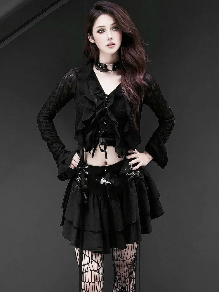 Punk Dragon Adorned Black Tiered Skirt Criss-cross Chain