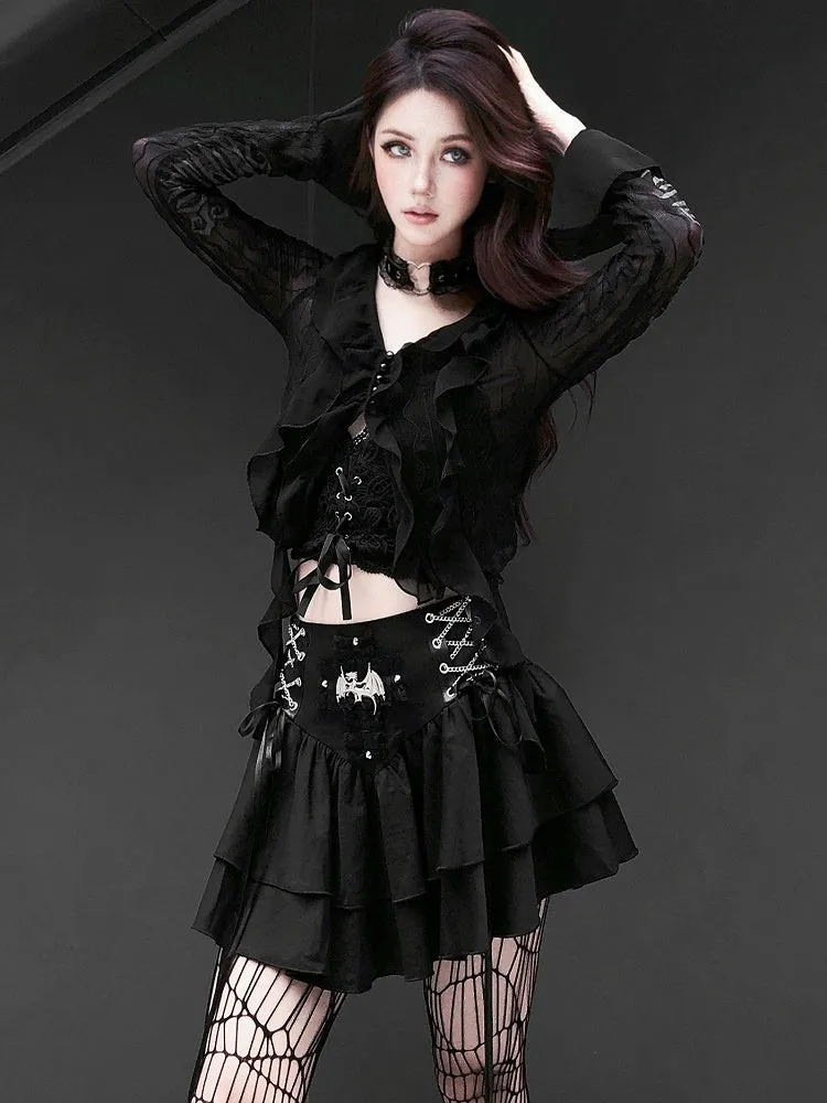 Punk Dragon Adorned Black Tiered Skirt Criss-cross Chain