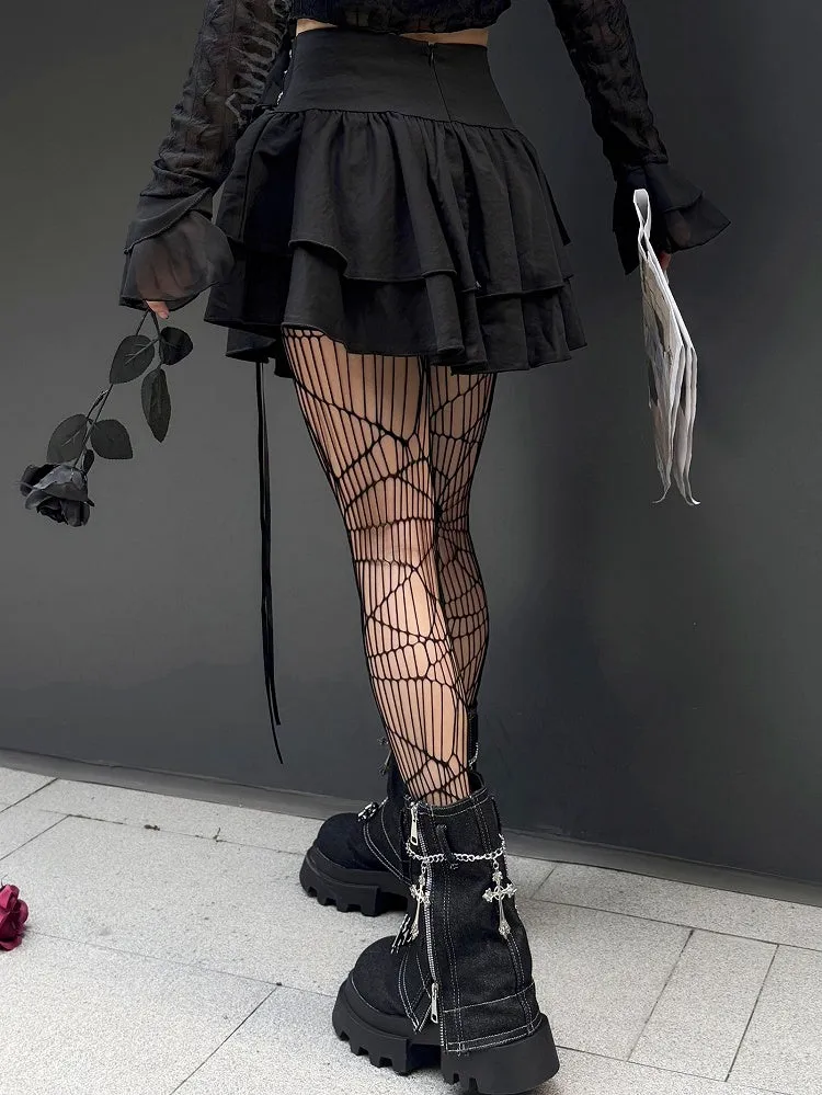 Punk Dragon Adorned Black Tiered Skirt Criss-cross Chain