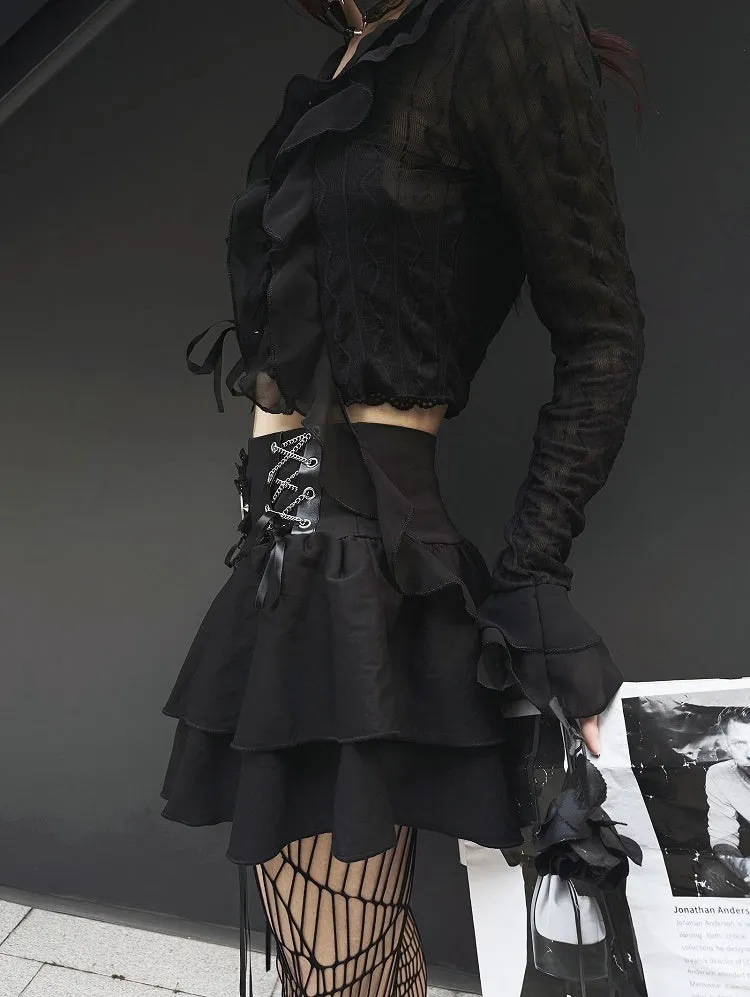 Punk Dragon Adorned Black Tiered Skirt Criss-cross Chain