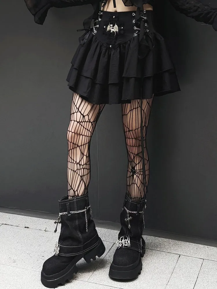 Punk Dragon Adorned Black Tiered Skirt Criss-cross Chain