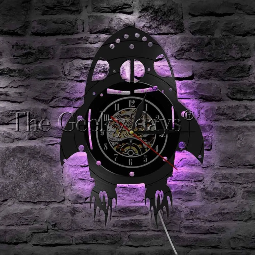 Rocket Ship Wall Art Wall Clock Kid Room Nursery Universe Decor Human Space Flight Artwork Spacecraft Vinyl Record Wall Clock