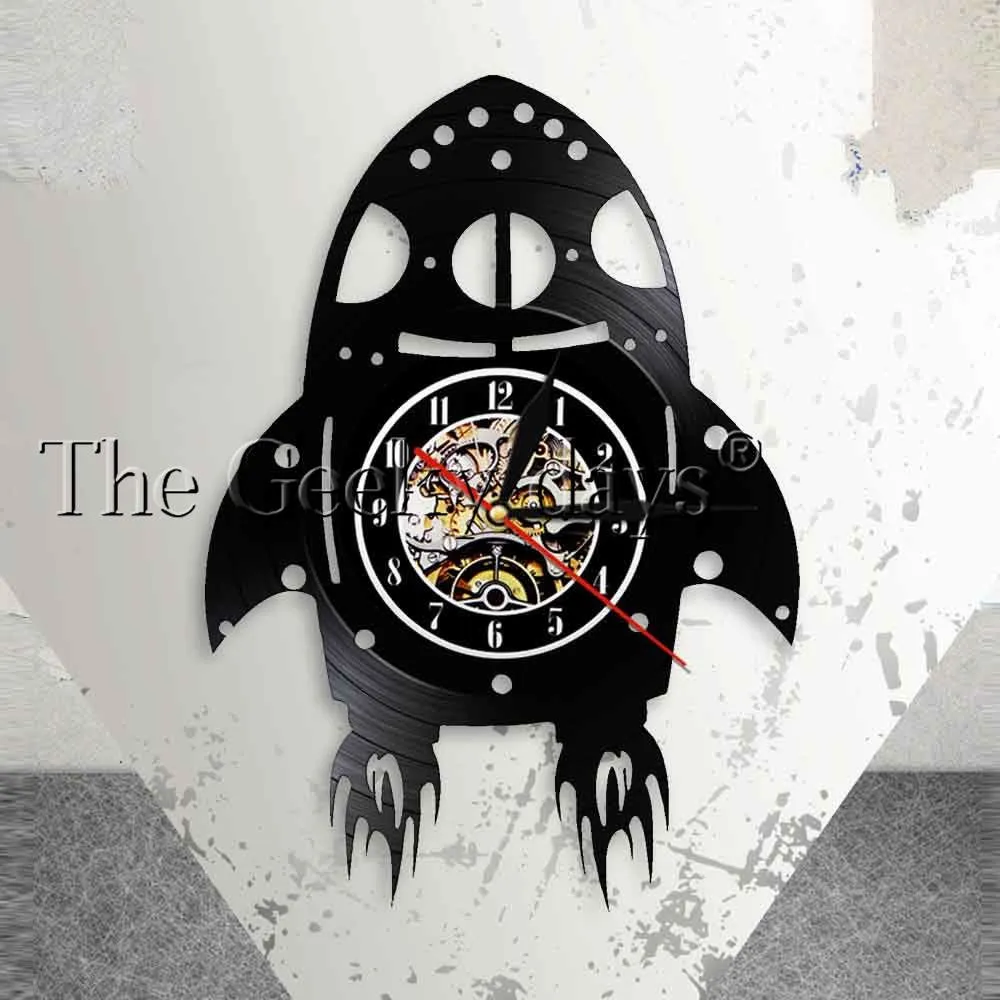 Rocket Ship Wall Art Wall Clock Kid Room Nursery Universe Decor Human Space Flight Artwork Spacecraft Vinyl Record Wall Clock