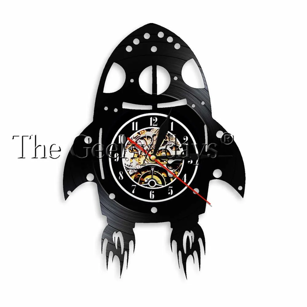 Rocket Ship Wall Art Wall Clock Kid Room Nursery Universe Decor Human Space Flight Artwork Spacecraft Vinyl Record Wall Clock