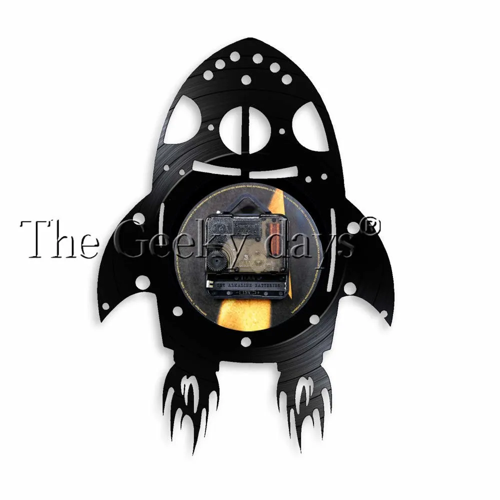 Rocket Ship Wall Art Wall Clock Kid Room Nursery Universe Decor Human Space Flight Artwork Spacecraft Vinyl Record Wall Clock