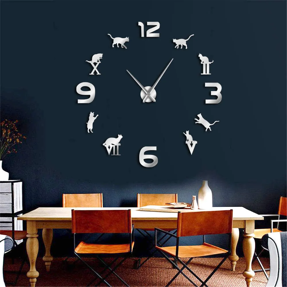 Roman Arabic Numerals Mixed DIY Large Wall Clock Kitty Cat Silhouette Wall Art Giant Wall Watch Modern Design Home Decor Clock