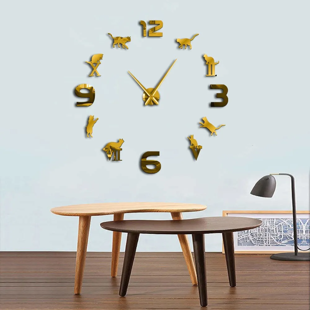 Roman Arabic Numerals Mixed DIY Large Wall Clock Kitty Cat Silhouette Wall Art Giant Wall Watch Modern Design Home Decor Clock