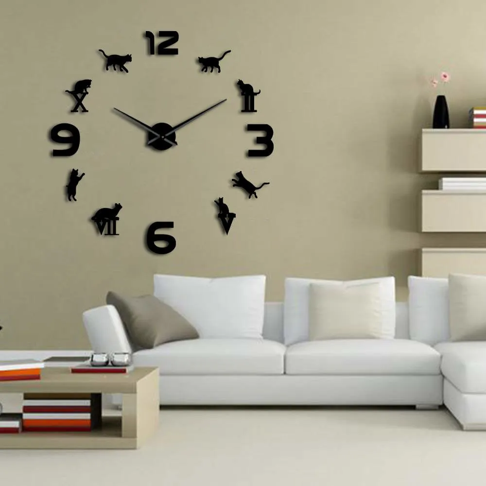 Roman Arabic Numerals Mixed DIY Large Wall Clock Kitty Cat Silhouette Wall Art Giant Wall Watch Modern Design Home Decor Clock