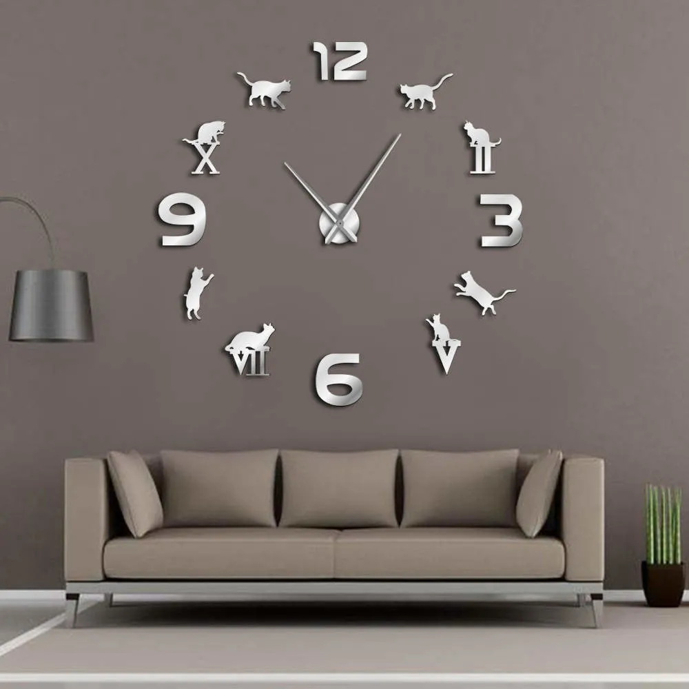 Roman Arabic Numerals Mixed DIY Large Wall Clock Kitty Cat Silhouette Wall Art Giant Wall Watch Modern Design Home Decor Clock