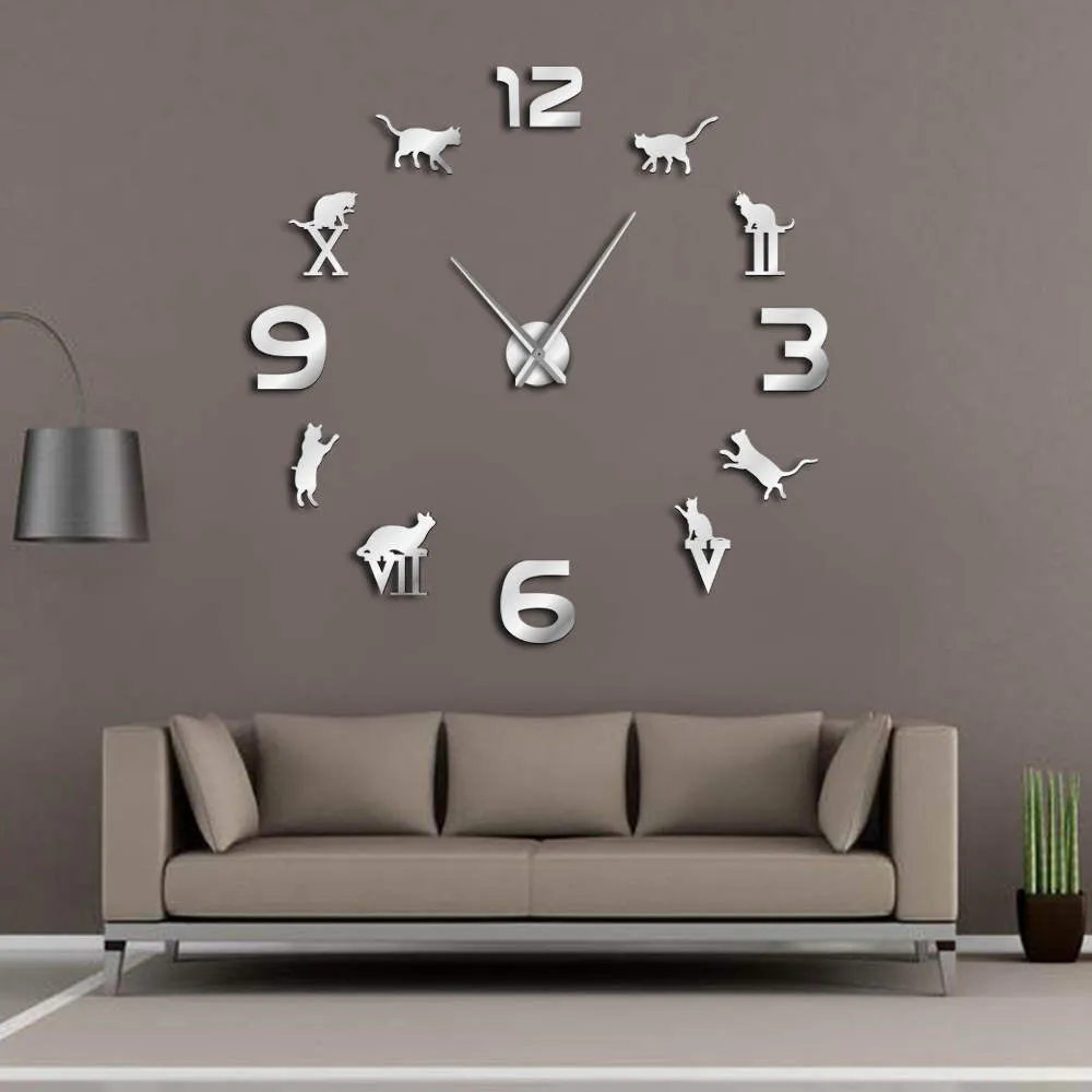 Roman Arabic Numerals Mixed DIY Large Wall Clock Kitty Cat Silhouette Wall Art Giant Wall Watch Modern Design Home Decor Clock