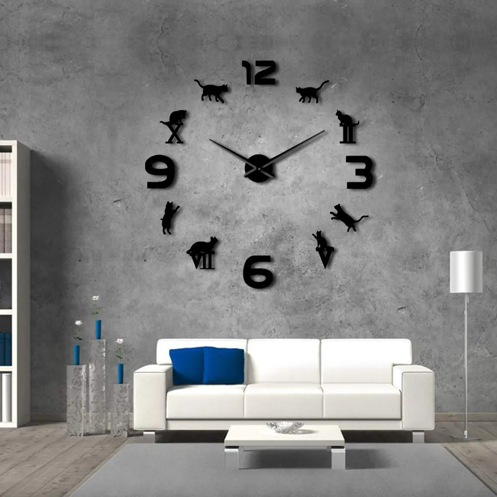 Roman Arabic Numerals Mixed DIY Large Wall Clock Kitty Cat Silhouette Wall Art Giant Wall Watch Modern Design Home Decor Clock