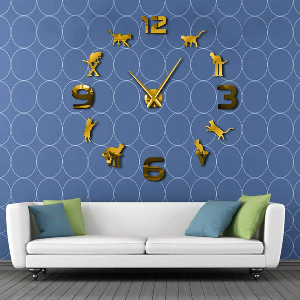 Roman Arabic Numerals Mixed DIY Large Wall Clock Kitty Cat Silhouette Wall Art Giant Wall Watch Modern Design Home Decor Clock