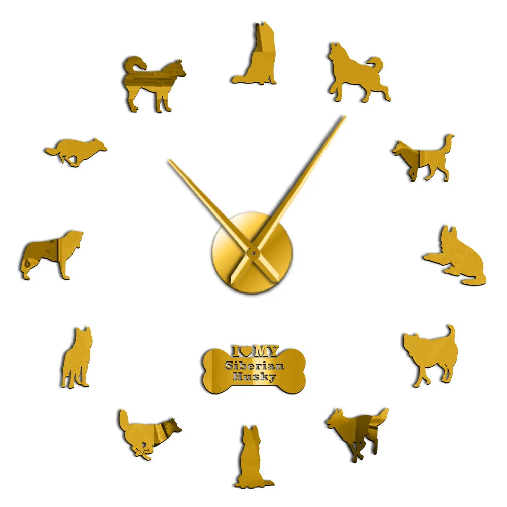 Siberian Husky Russian Dog Breed DIY Large Wall Clock Sibirskiy Haski Self Adhesive Sticker DIY Giant Wall Art Home Decor Watch