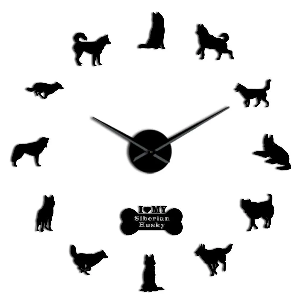 Siberian Husky Russian Dog Breed DIY Large Wall Clock Sibirskiy Haski Self Adhesive Sticker DIY Giant Wall Art Home Decor Watch