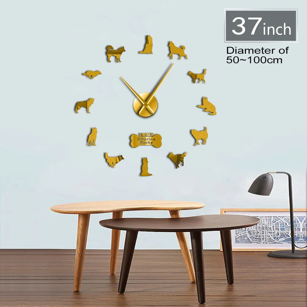 Siberian Husky Russian Dog Breed DIY Large Wall Clock Sibirskiy Haski Self Adhesive Sticker DIY Giant Wall Art Home Decor Watch