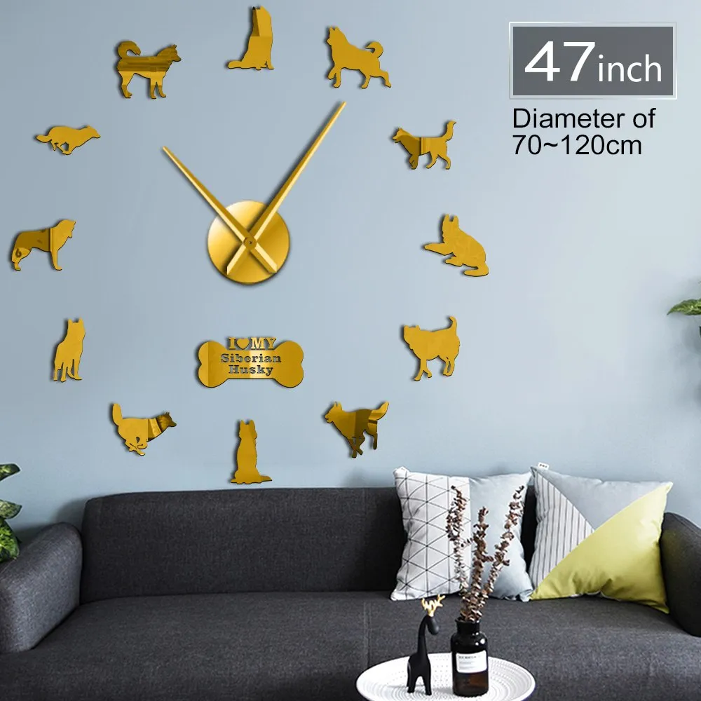 Siberian Husky Russian Dog Breed DIY Large Wall Clock Sibirskiy Haski Self Adhesive Sticker DIY Giant Wall Art Home Decor Watch