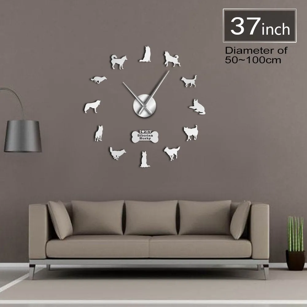 Siberian Husky Russian Dog Breed DIY Large Wall Clock Sibirskiy Haski Self Adhesive Sticker DIY Giant Wall Art Home Decor Watch