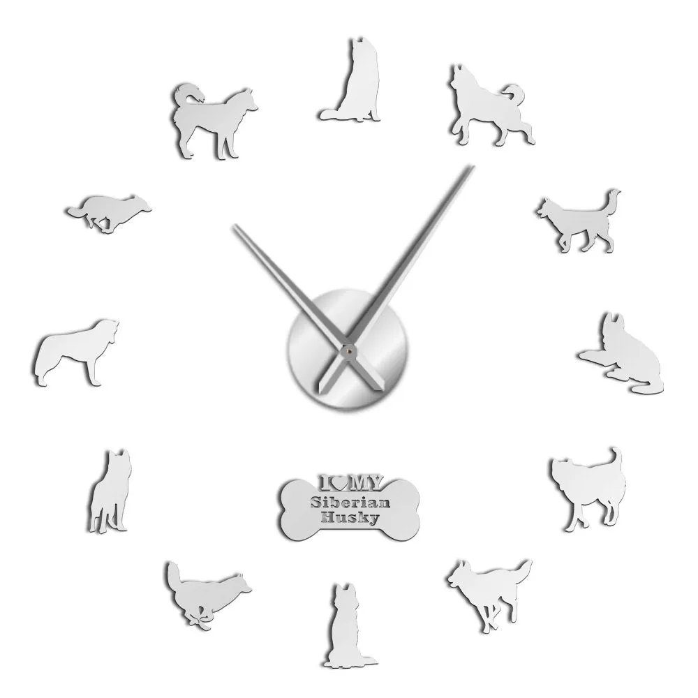 Siberian Husky Russian Dog Breed DIY Large Wall Clock Sibirskiy Haski Self Adhesive Sticker DIY Giant Wall Art Home Decor Watch