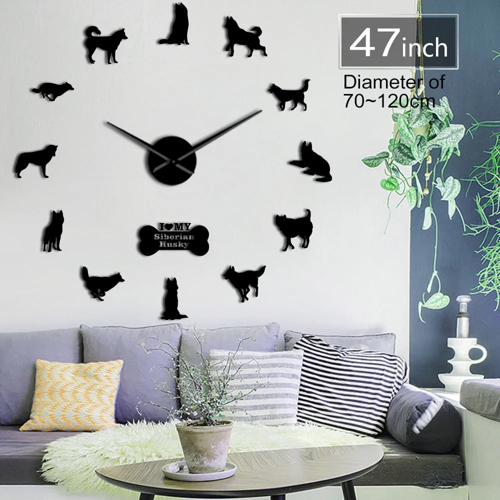Siberian Husky Russian Dog Breed DIY Large Wall Clock Sibirskiy Haski Self Adhesive Sticker DIY Giant Wall Art Home Decor Watch
