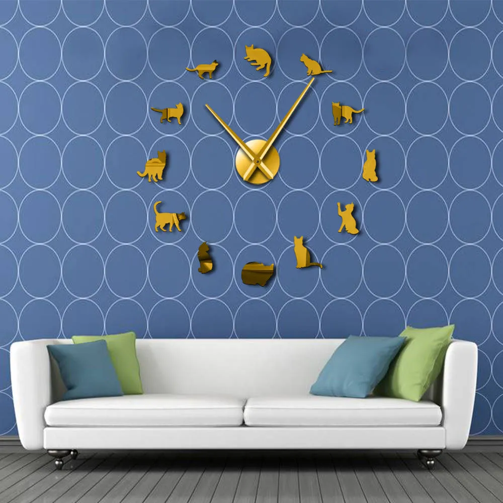 Silhouette Cats Wall Art Kittens DIY Giant Wall Clock Playful Cats Big Needle Kitty Girl Room Large Wall Watch Feline Fan Gift