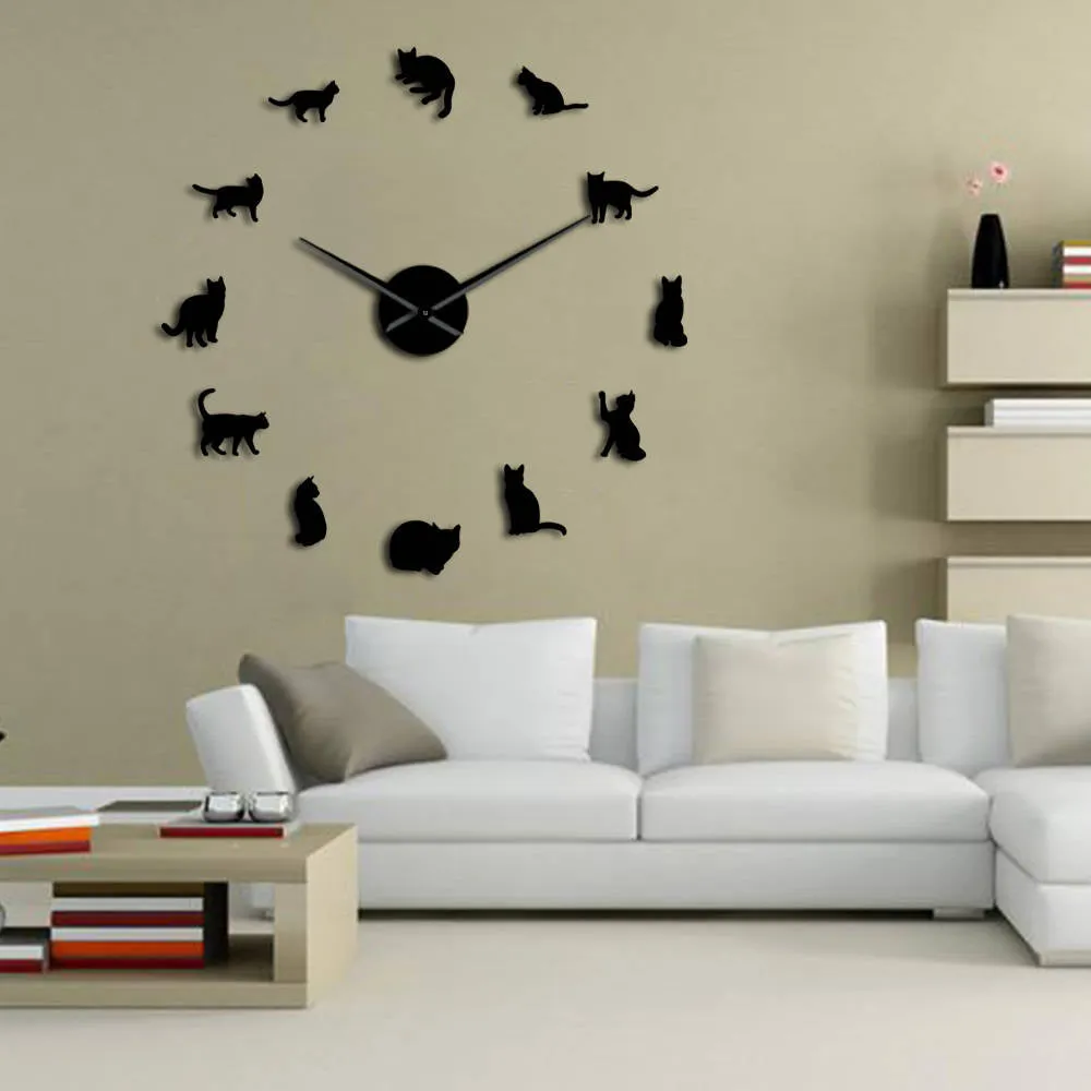 Silhouette Cats Wall Art Kittens DIY Giant Wall Clock Playful Cats Big Needle Kitty Girl Room Large Wall Watch Feline Fan Gift