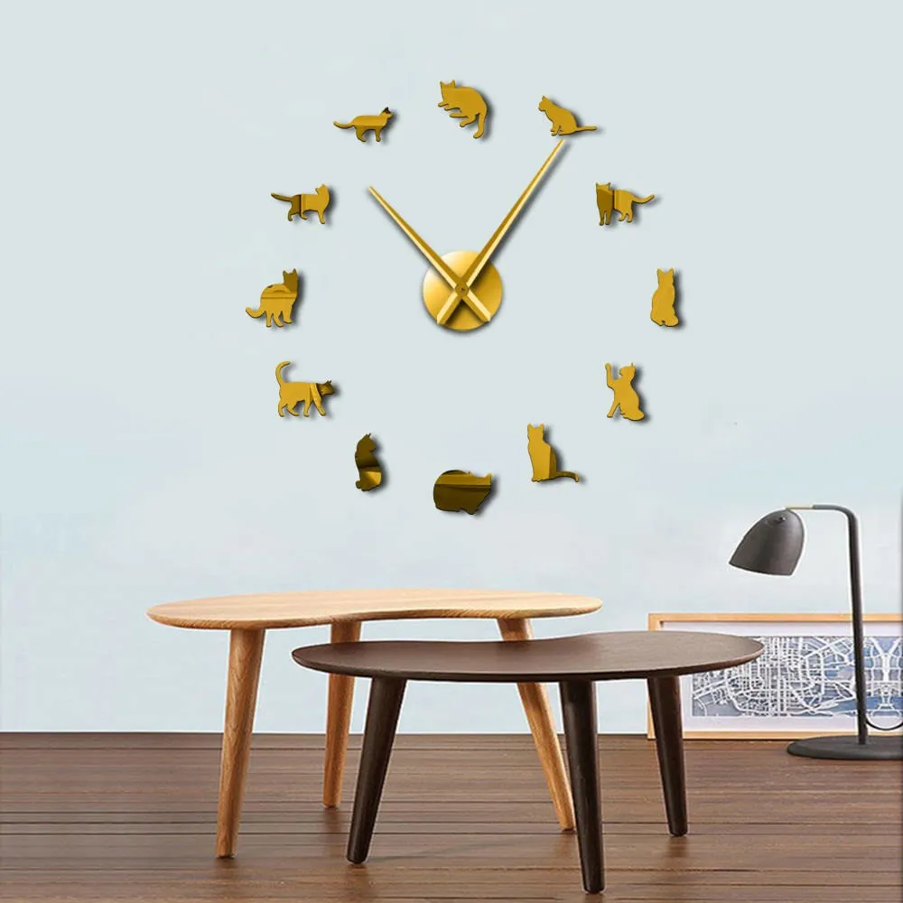 Silhouette Cats Wall Art Kittens DIY Giant Wall Clock Playful Cats Big Needle Kitty Girl Room Large Wall Watch Feline Fan Gift