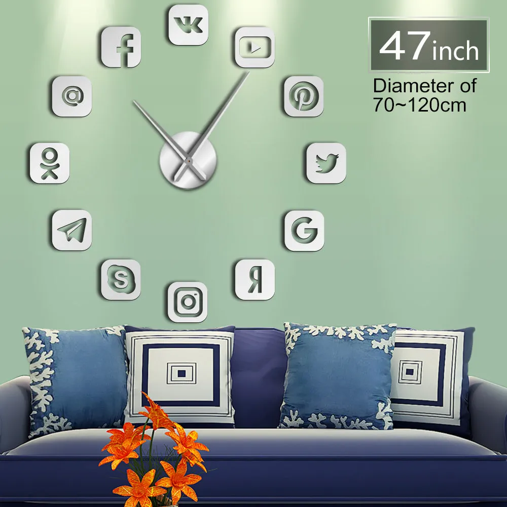 Social Media Symbols DIY Wall Art Giant Wall Clock Office College Dorm Decor 3D Frameless Icons Wall Clock Gifts for Teenagers