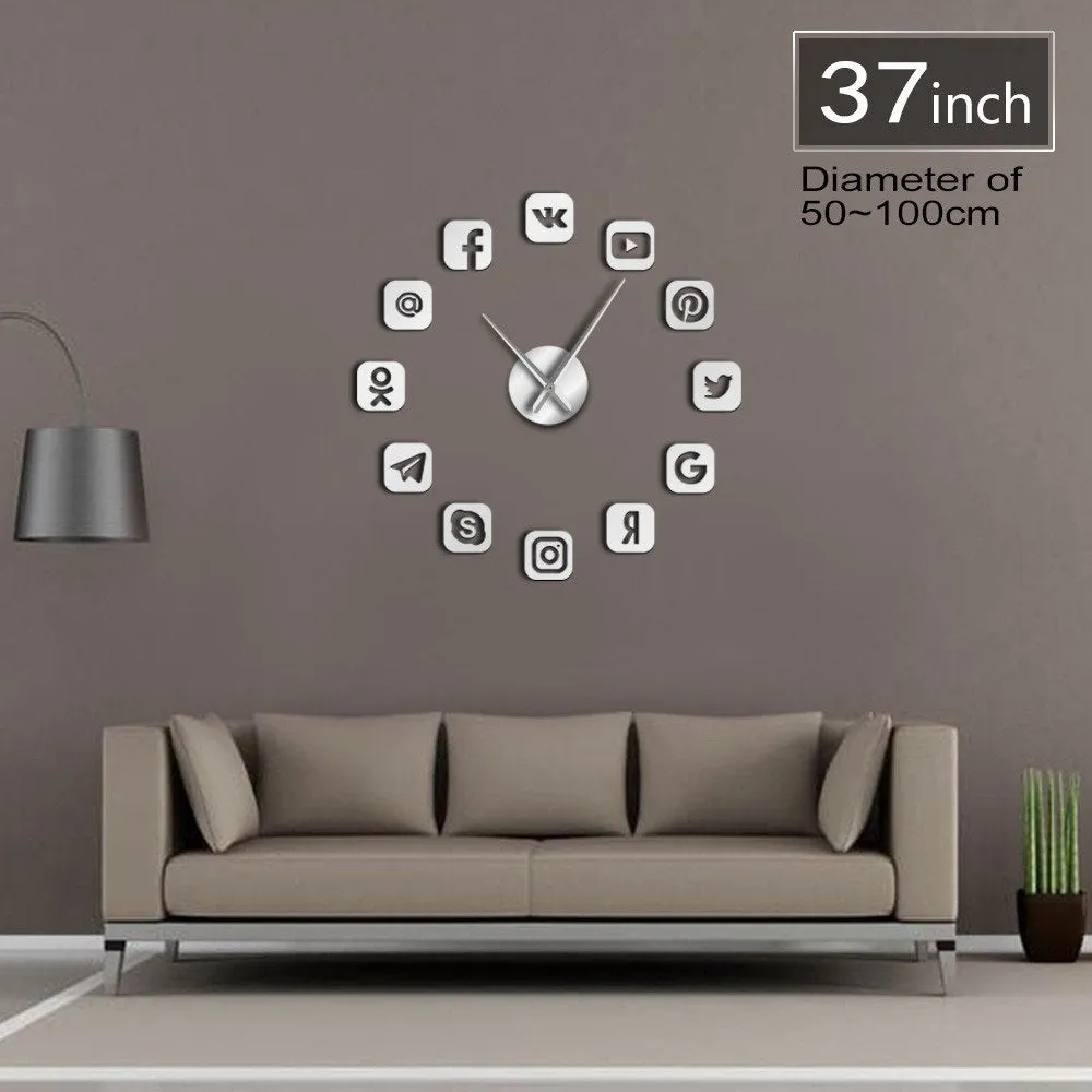 Social Media Symbols DIY Wall Art Giant Wall Clock Office College Dorm Decor 3D Frameless Icons Wall Clock Gifts for Teenagers